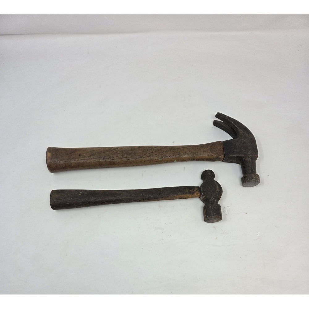 Vintage Claw Hammer & Ball Peen Hammer Lot 2 Wood Handle Tools Primitive